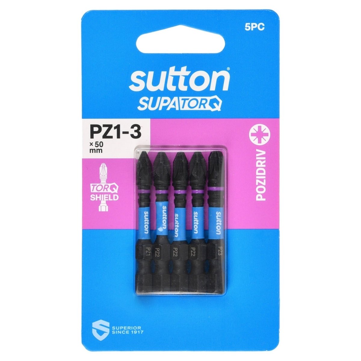 Sutton S202S05B03 PZ1 - 3 x 50mm Pozidriv Screwdriver Bit Set S202 Supatorq, 5 Pcs - AIMS Industrial Supplies
