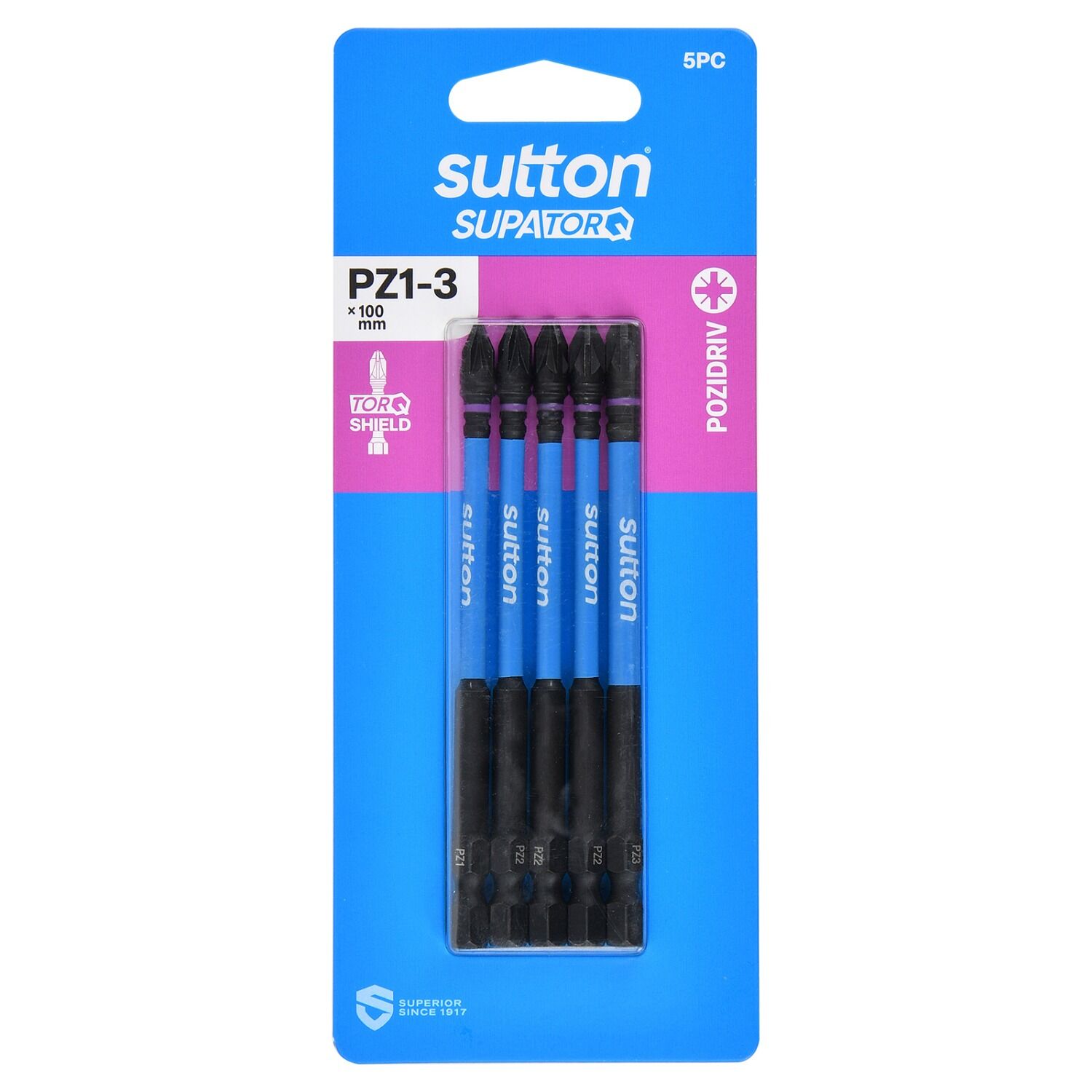 Sutton S202S05B03 PZ2 x 100mm Pozidriv Screwdriver Bit Set S202 Supatorq, 5 Pcs