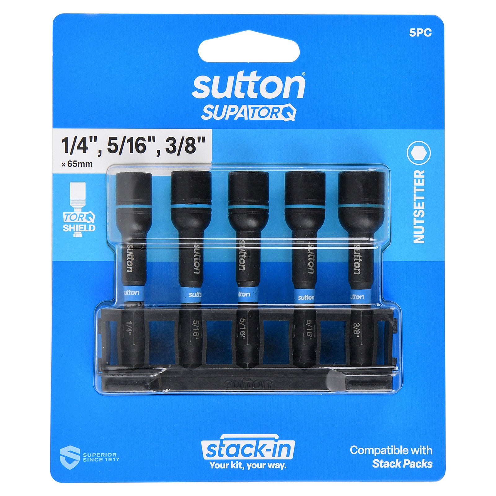 Sutton S230S05C 65mm Stack-In Magnetic Nutset Bit Set S230 Supatorq, 5 Pcs