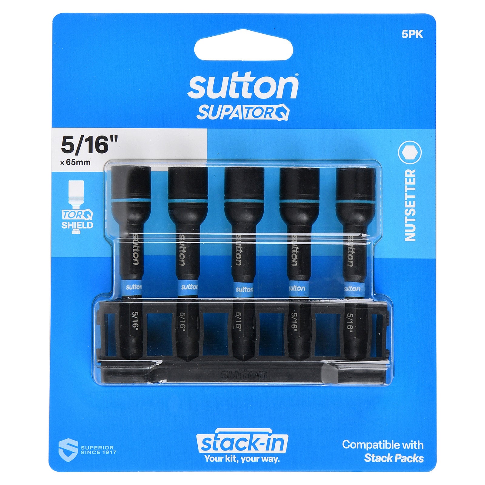 Sutton S230T05CB 5/16" x 65mm Stack-In Magnetic Nutset Bit S230 Supatorq, 5 Pcs
