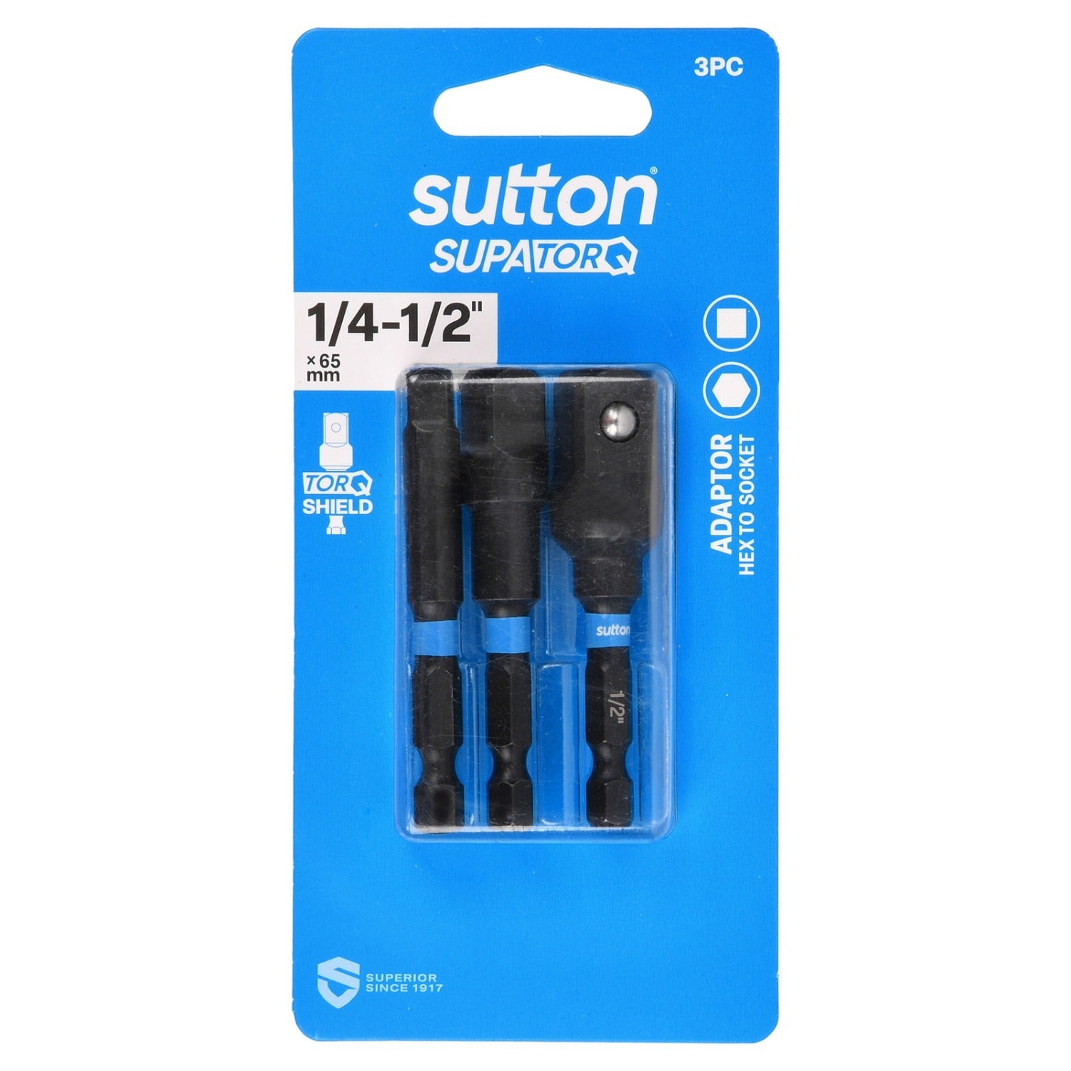 Sutton S240S03CX 1/4, 3/8, 1/2" x 65mm Hex To Socket Adaptor Bit Set S240, 3 Pcs