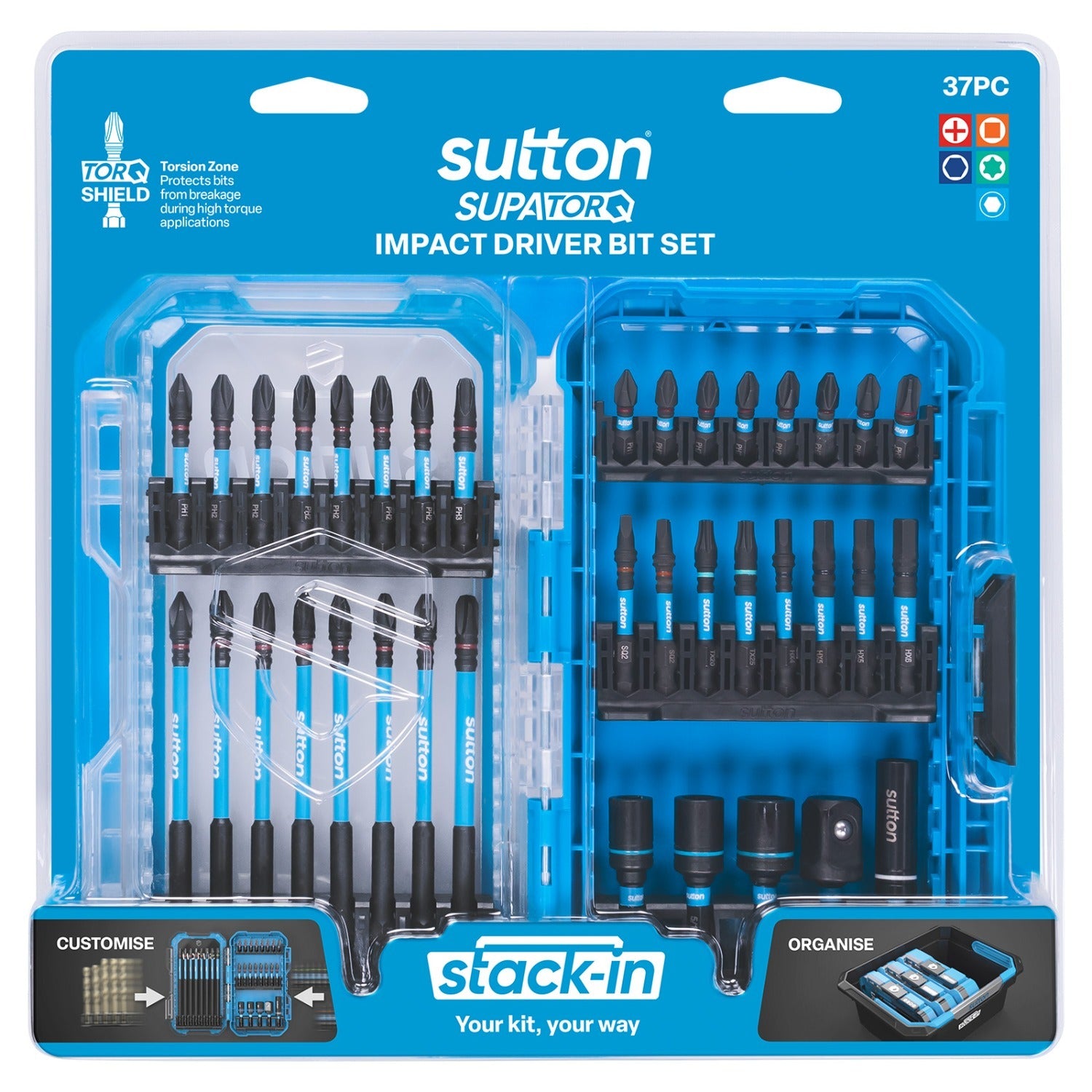 Sutton S250S37A Stack-In Insert/Power Screwdriver Bit Set S250 Supatorq, 37 Pcs