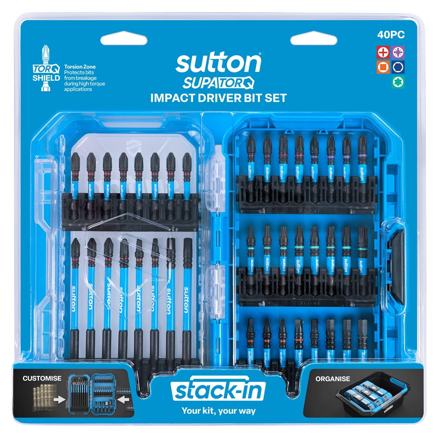 Sutton S250S40A Stack-In Power Screwdriver Bit Set S250 Supatorq, 40 Pcs