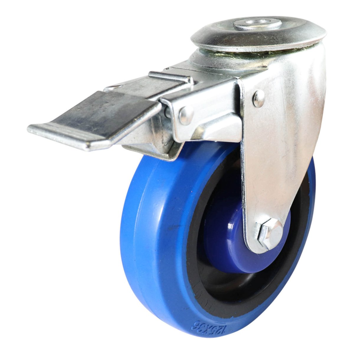 Swivel Bolt Hole Castor with Brake - Elastic Rubber Wheel, Blue I6 - AIMS Industrial Supplies