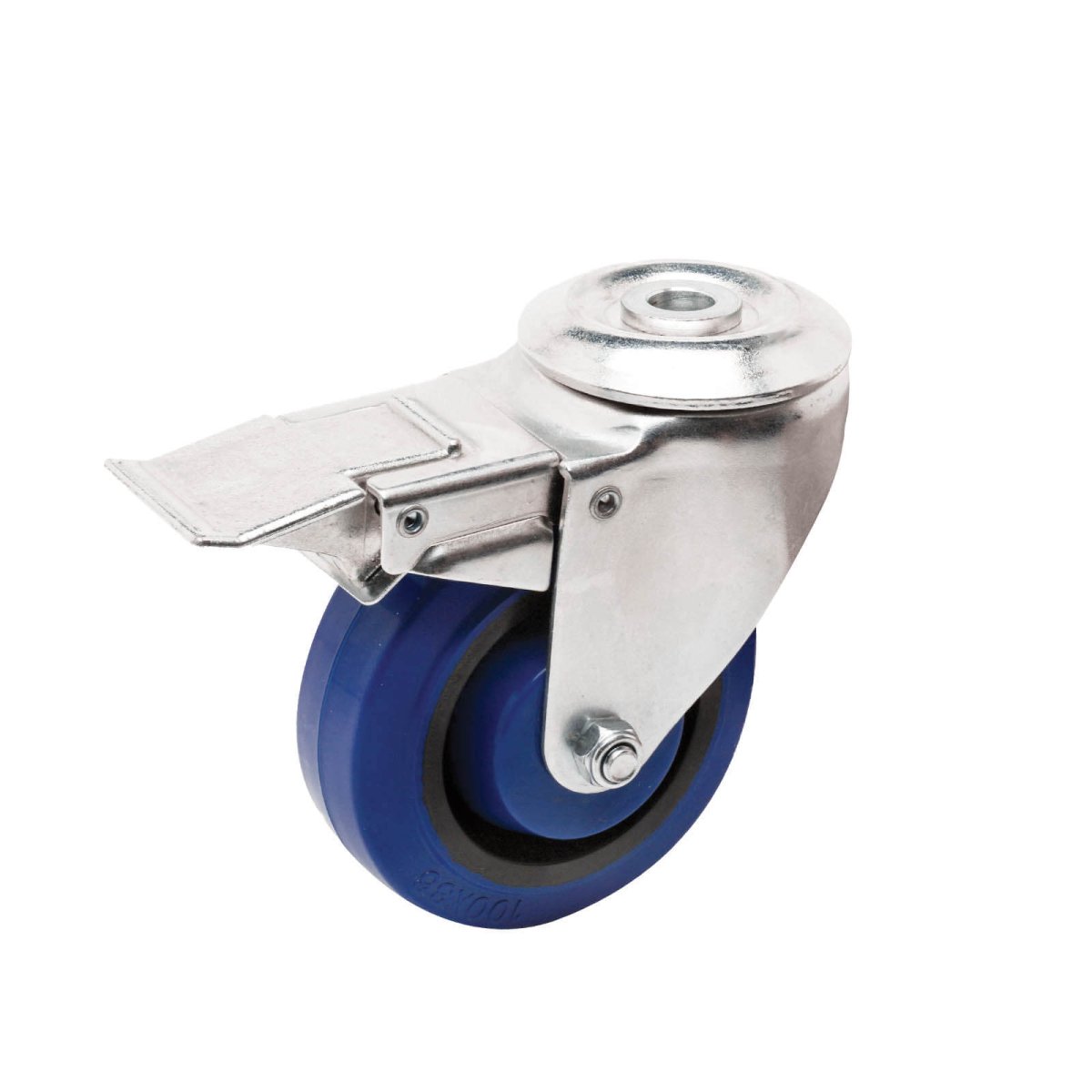 Swivel Bolt Hole Castor with Brake - Elastic Rubber Wheel, Blue I6 - AIMS Industrial Supplies