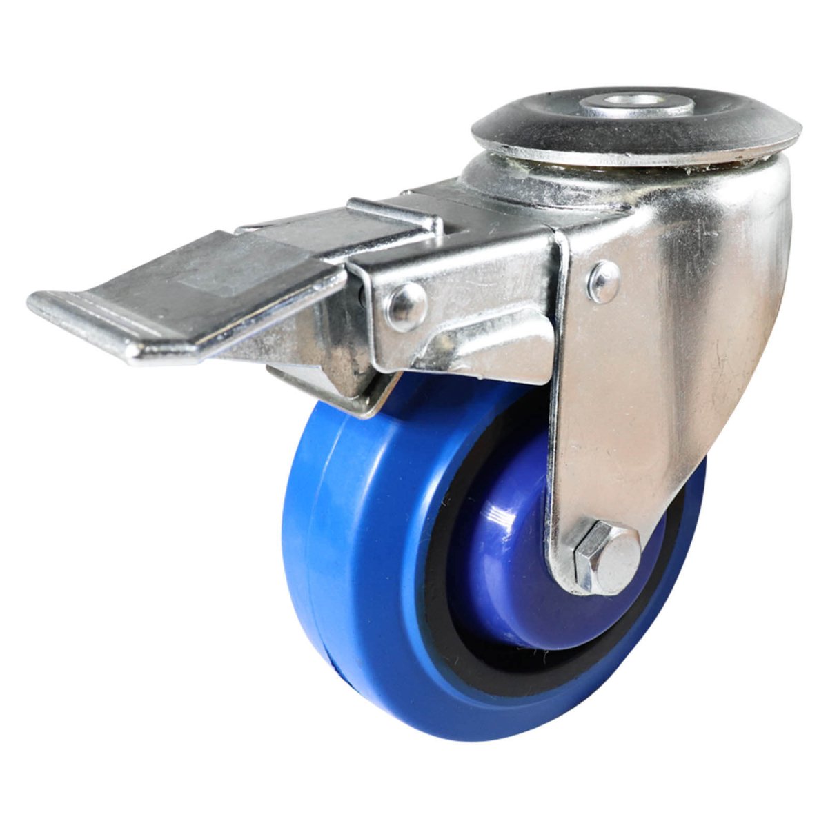 Swivel Bolt Hole Castor with Brake - Elastic Rubber Wheel, Blue I6 - AIMS Industrial Supplies