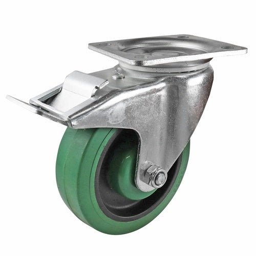 Swivel Plate Castor with Brake - Reflex Rubber Wheel, Green I3 Series - AIMS Industrial Supplies
