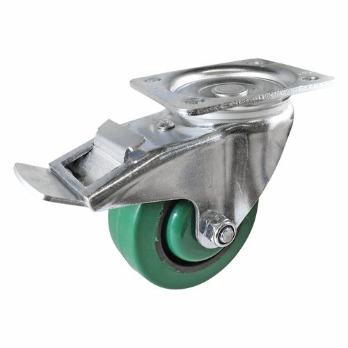 Swivel Plate Castor with Brake - Reflex Rubber Wheel, Green I3 Series1