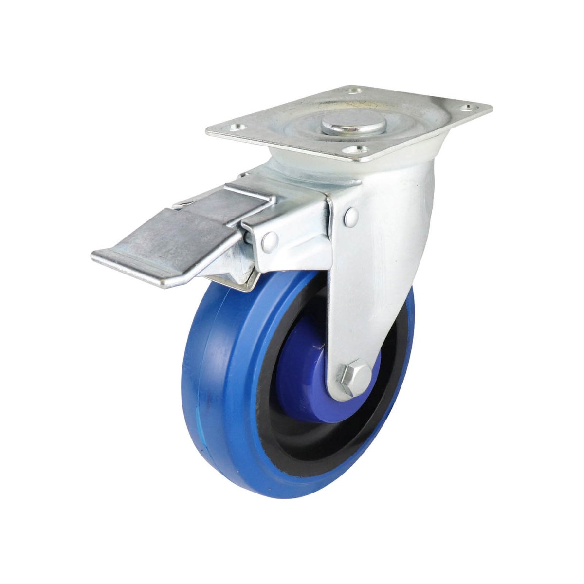 Swivel Plate Castor with Brake - Rubber Wheel, Blue I6 Series - AIMS Industrial Supplies