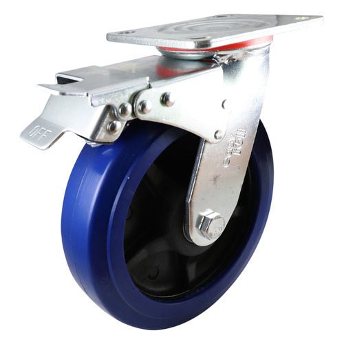 Swivel Plate Castor with Brake - Rubber Wheel, Blue J3 Series - AIMS Industrial Supplies