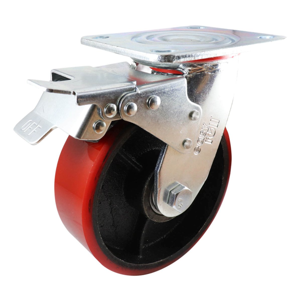 Swivel Plate Castor with Brake - Urethane on Cast Iron Wheel, Red J3 - AIMS Industrial Supplies