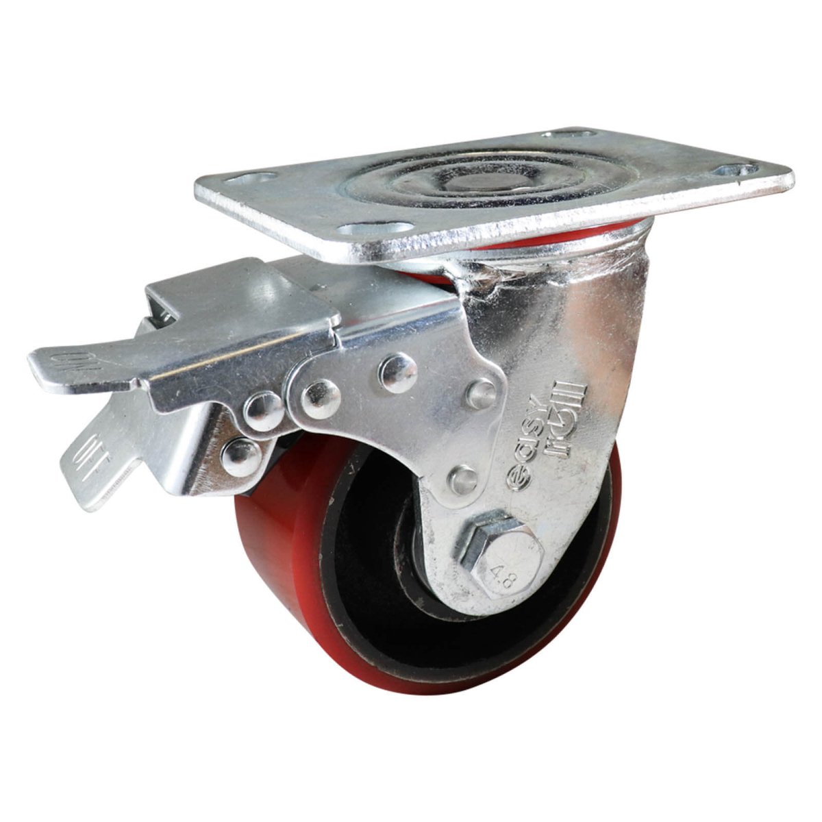 Swivel Plate Castor with Brake - Urethane on Cast Iron Wheel, Red J3 - AIMS Industrial Supplies