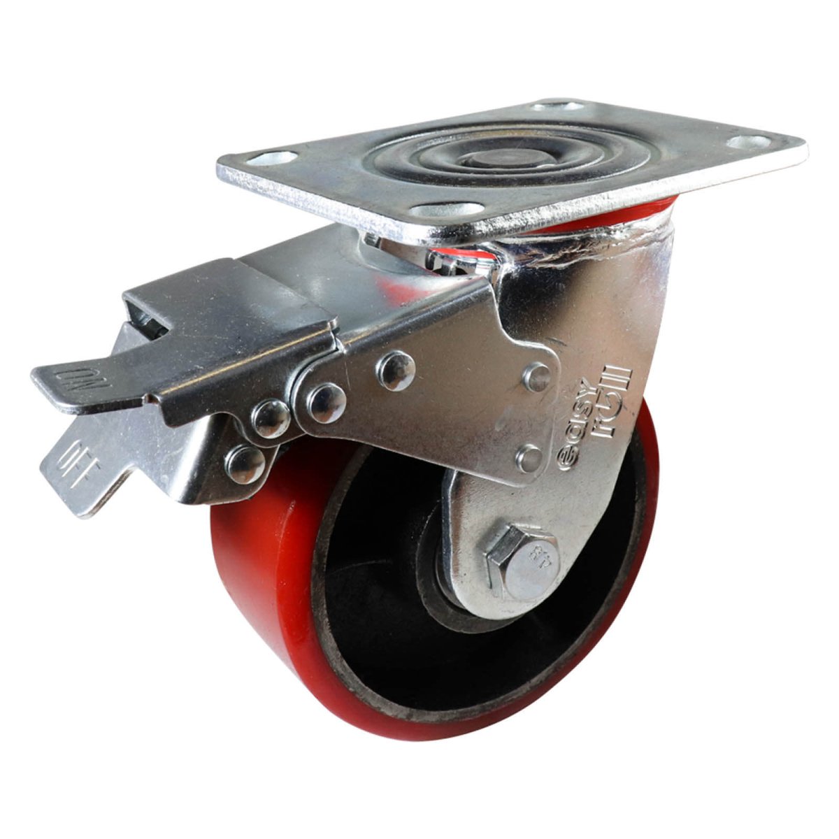 Swivel Plate Castor with Brake - Urethane on Cast Iron Wheel, Red J3 - AIMS Industrial Supplies