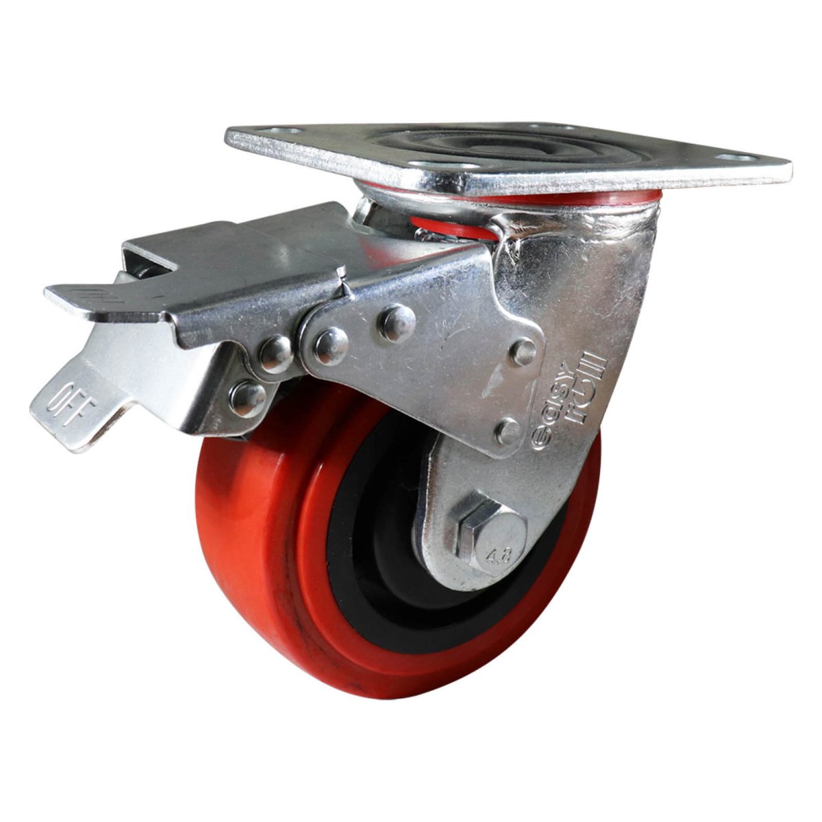 Swivel Plate Castor with Brake - Urethane Wheel, Red J3 Series - AIMS Industrial Supplies
