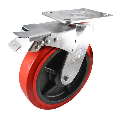 Swivel Plate Castor with Brake - Urethane Wheel, Red J3 Series - AIMS Industrial Supplies