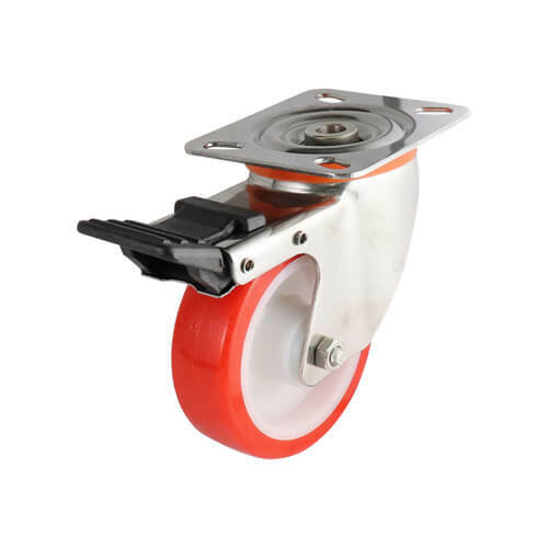 Swivel Plate Castor with Brake - Urethane Wheel, Red S5 Series - AIMS Industrial Supplies