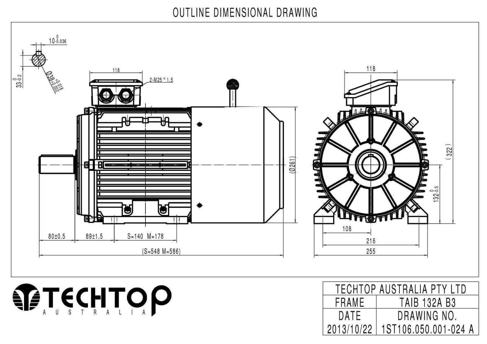 TechTop 7.5kW 10 HP Motor 415V 3 Phase 4 Pole, 1450 RPM, Foot Mount TA4B075 3TAIBHR2