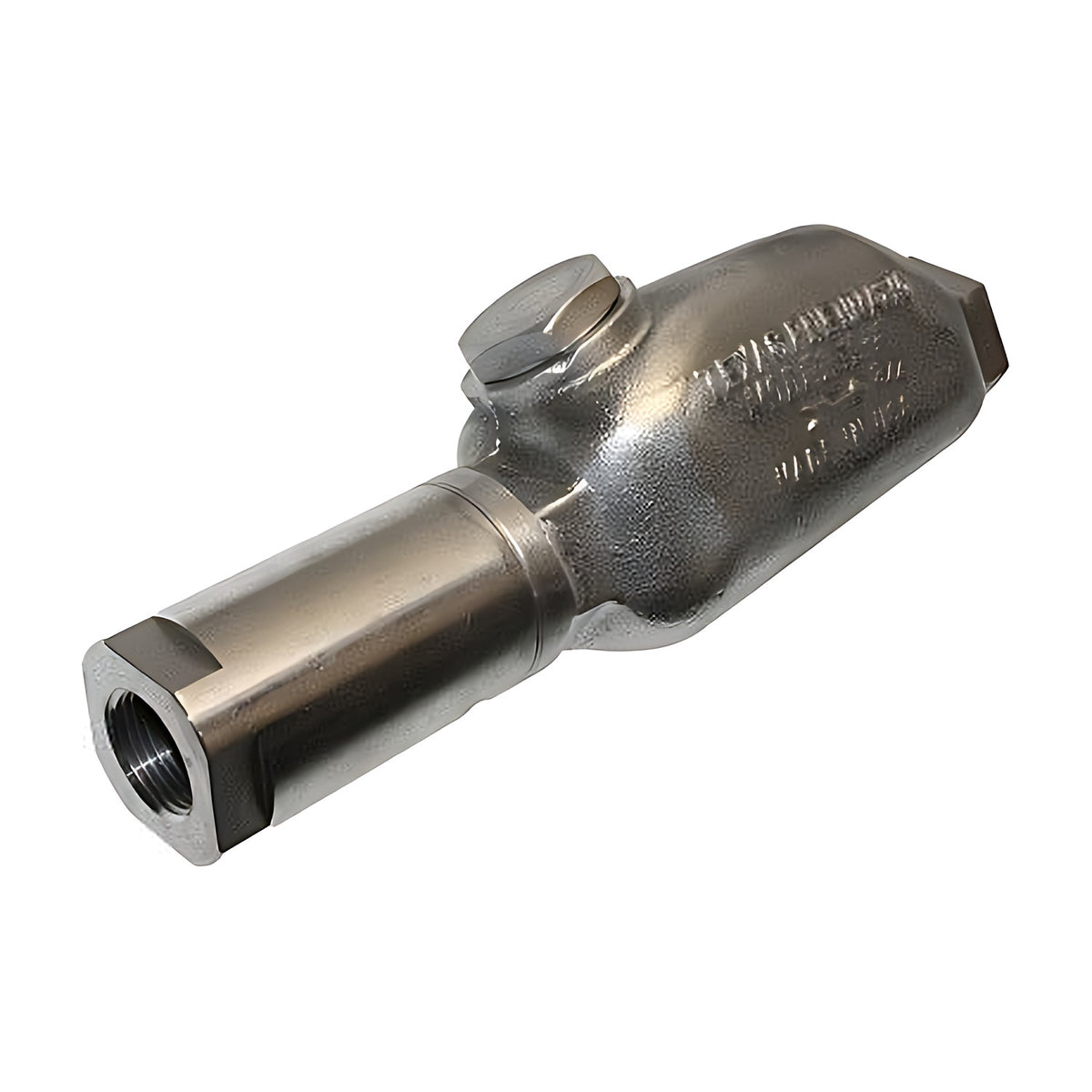 In-line filter lubricator from the filter end, showing the threaded air port and cast lubricator body