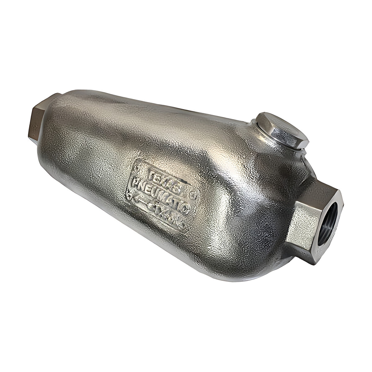 Compact in-line lubricator with a cast body, hex filler plug and a threaded air port, three-quarter view