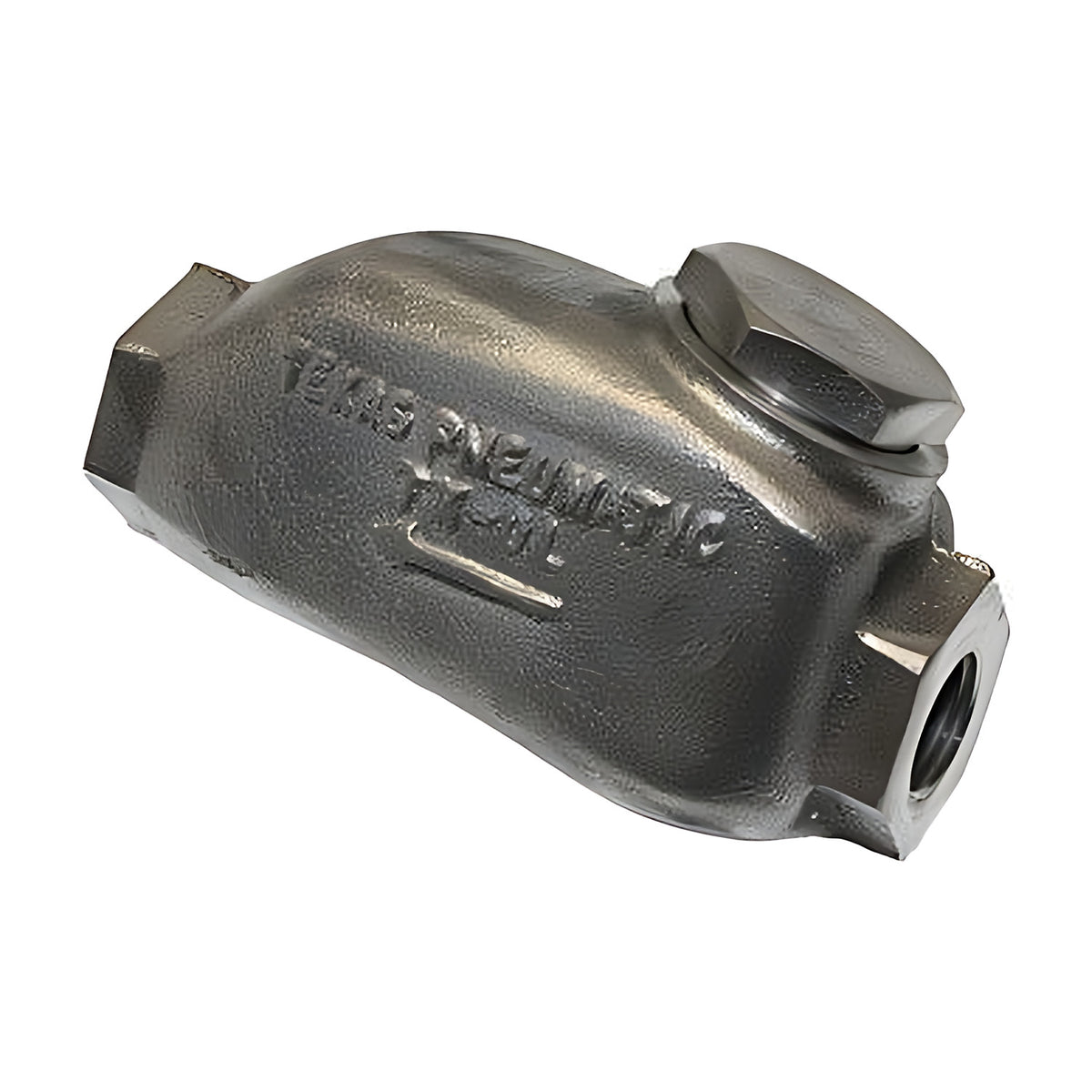 Texas Pneumatic in-line lubricator, cast metal body with a hex filler plug and threaded air port, side view