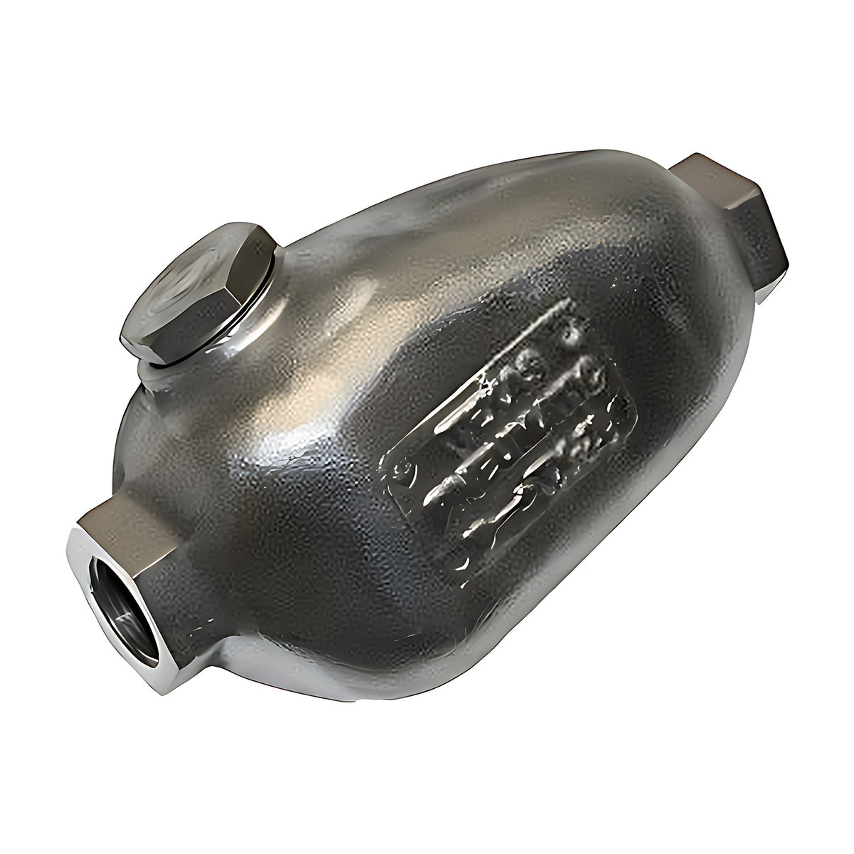 Rear view of an in-line lubricator body with the cast Texas Pneumatic label and a hex filler plug