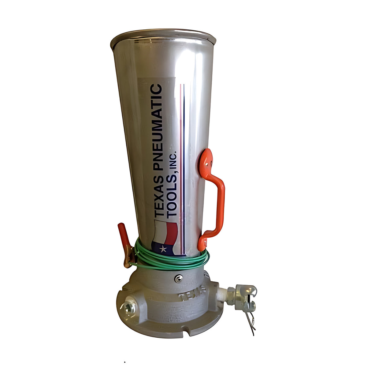 Close-up of a stainless horn air mover base with an orange handle, green ground wire and a claw air coupling