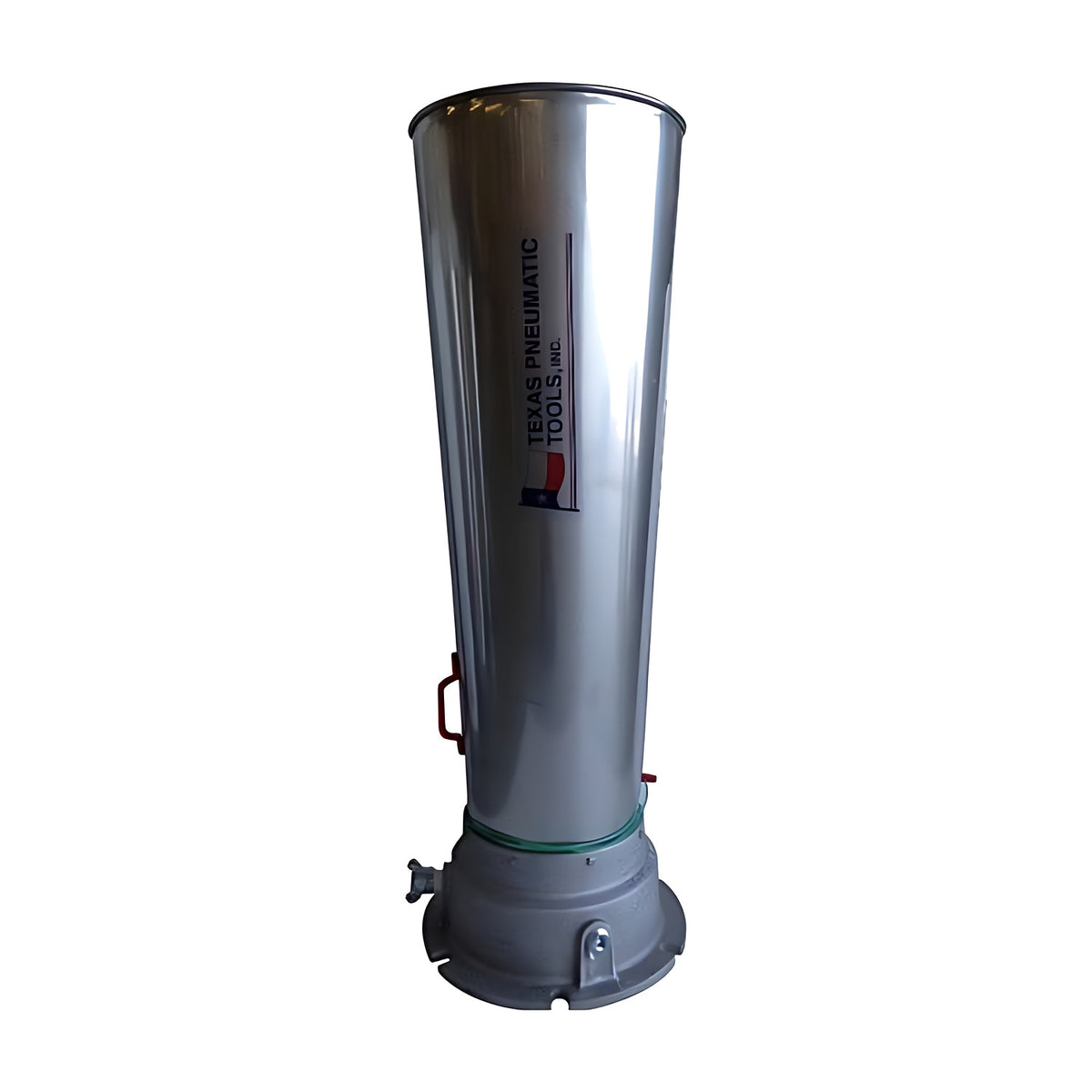 Texas Pneumatic stainless steel horn air mover standing upright, orange handle, green ground wire and cast base