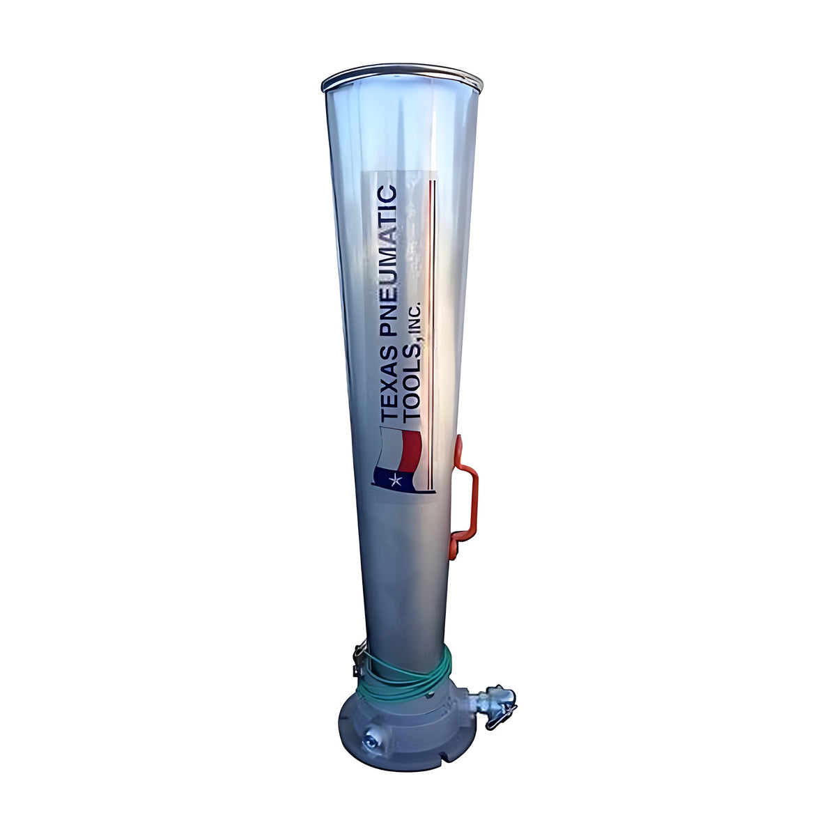 Stainless horn air mover shown from the side, with an orange carry handle and a cast base with air inlet