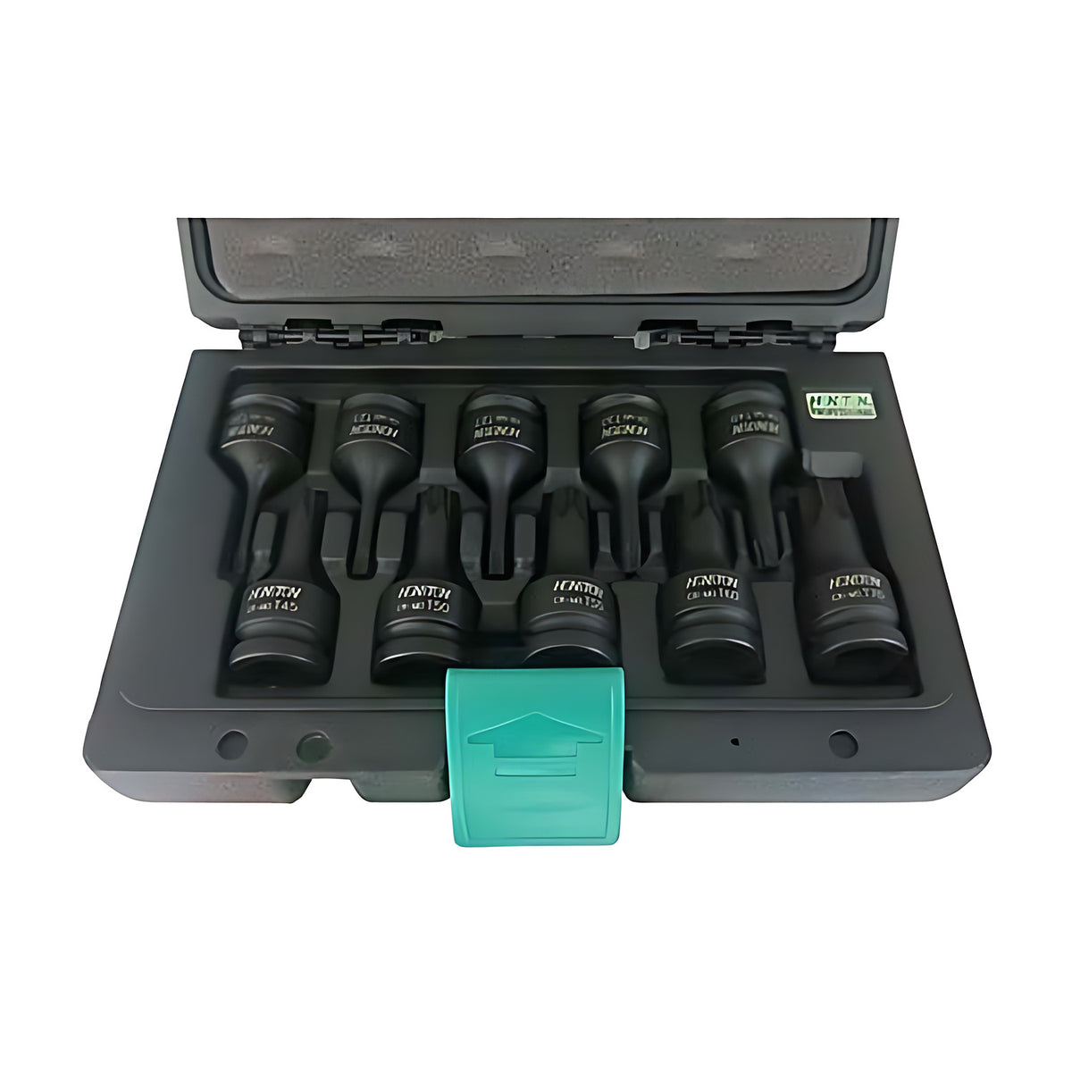 Trax 10 piece 1/2" drive Torx impact socket bit set in a grey moulded case with green latch, H5-IBS40010T