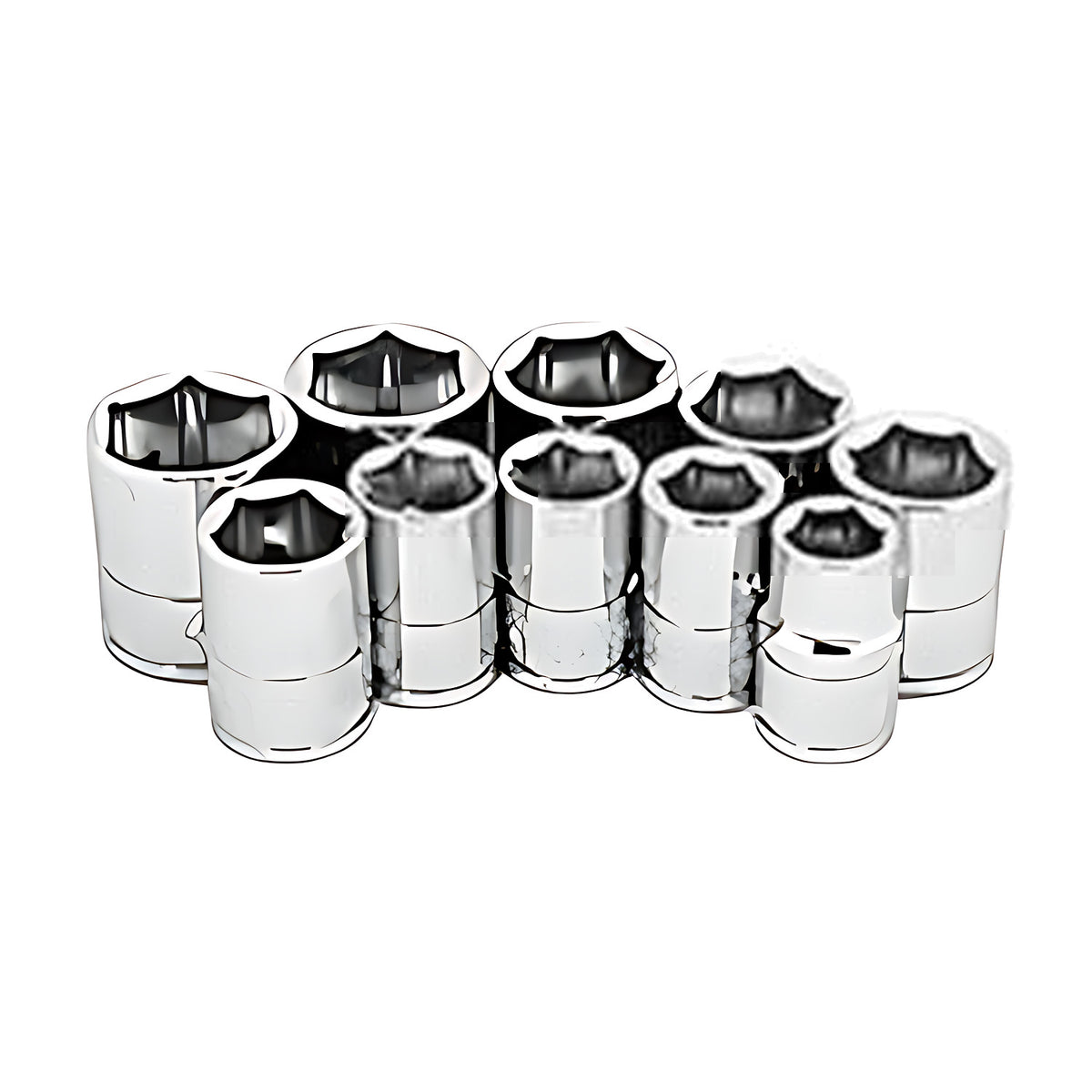 Trax 10 piece 3/8" drive metric socket set, chrome sockets stacked together, AS-310MS, on white background