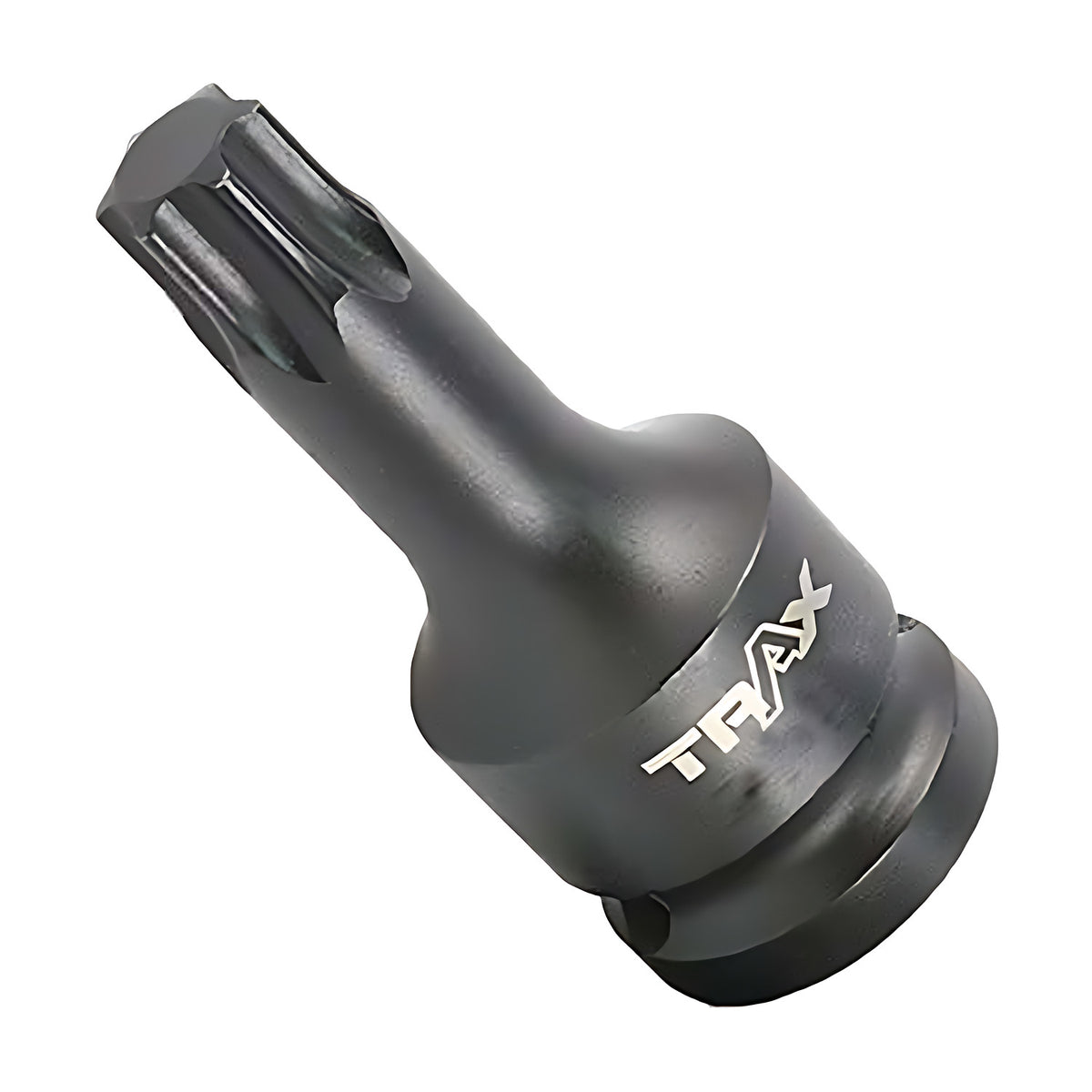 Trax 1/2" drive impact Torx socket bit, black, tilted to show the Torx tip and Trax logo
