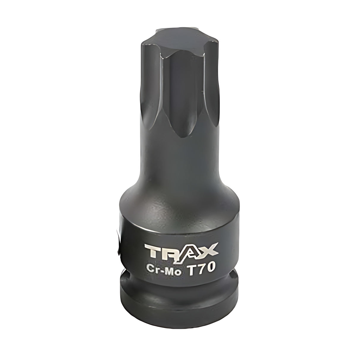 Trax 1/2" drive impact Torx socket bit, black, upright with Trax logo and Cr-Mo T70 marking