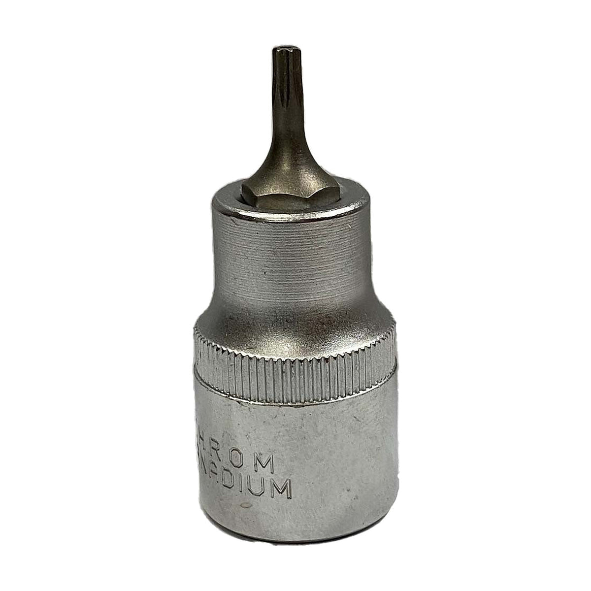 Trax 1/2" drive short tamper-proof Torx socket bit, grey-finish socket with a small Torx bit, on white background
