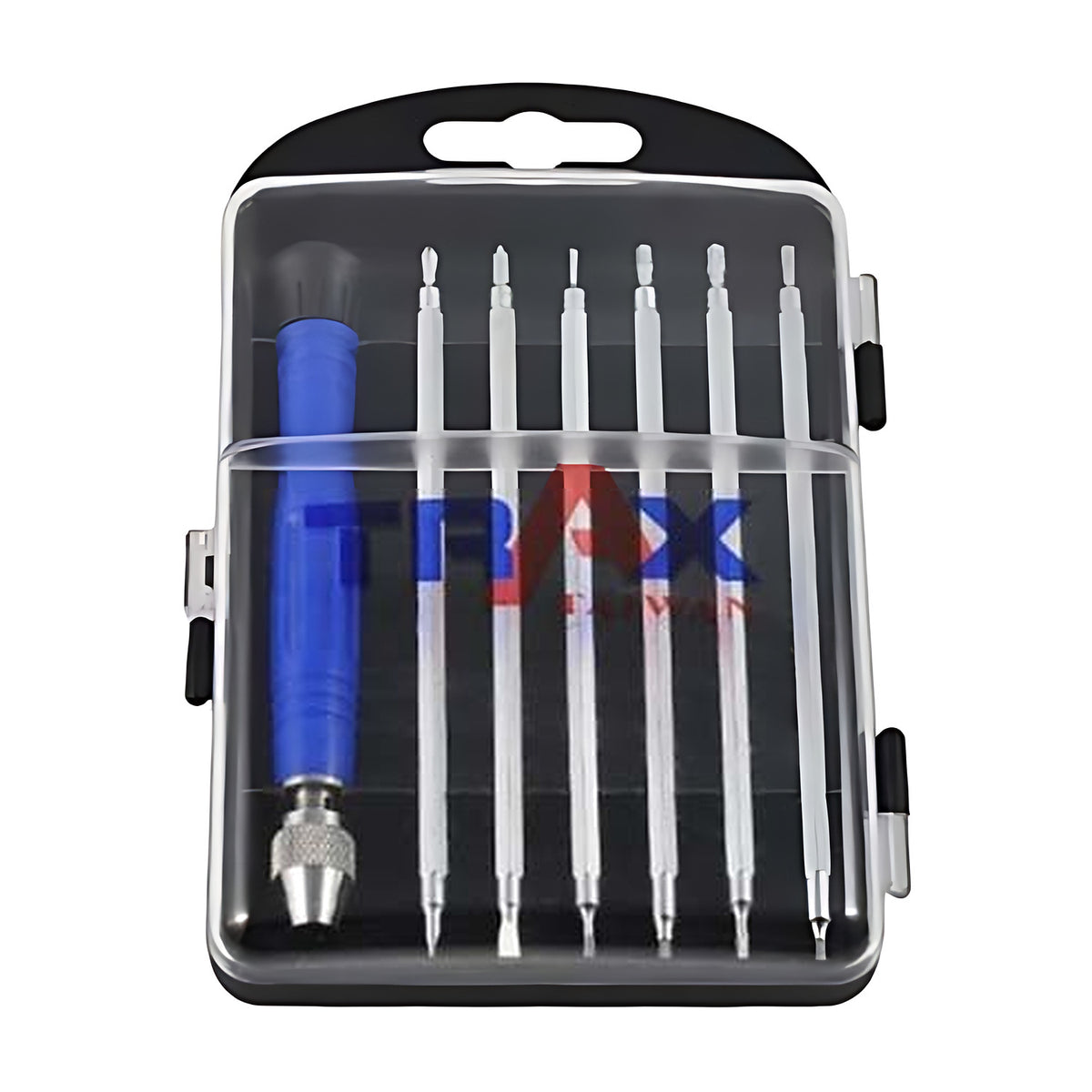 Trax 12 in 1 precision screwdriver set in a clear case with blue handle and seven bits, ARX-PS1201