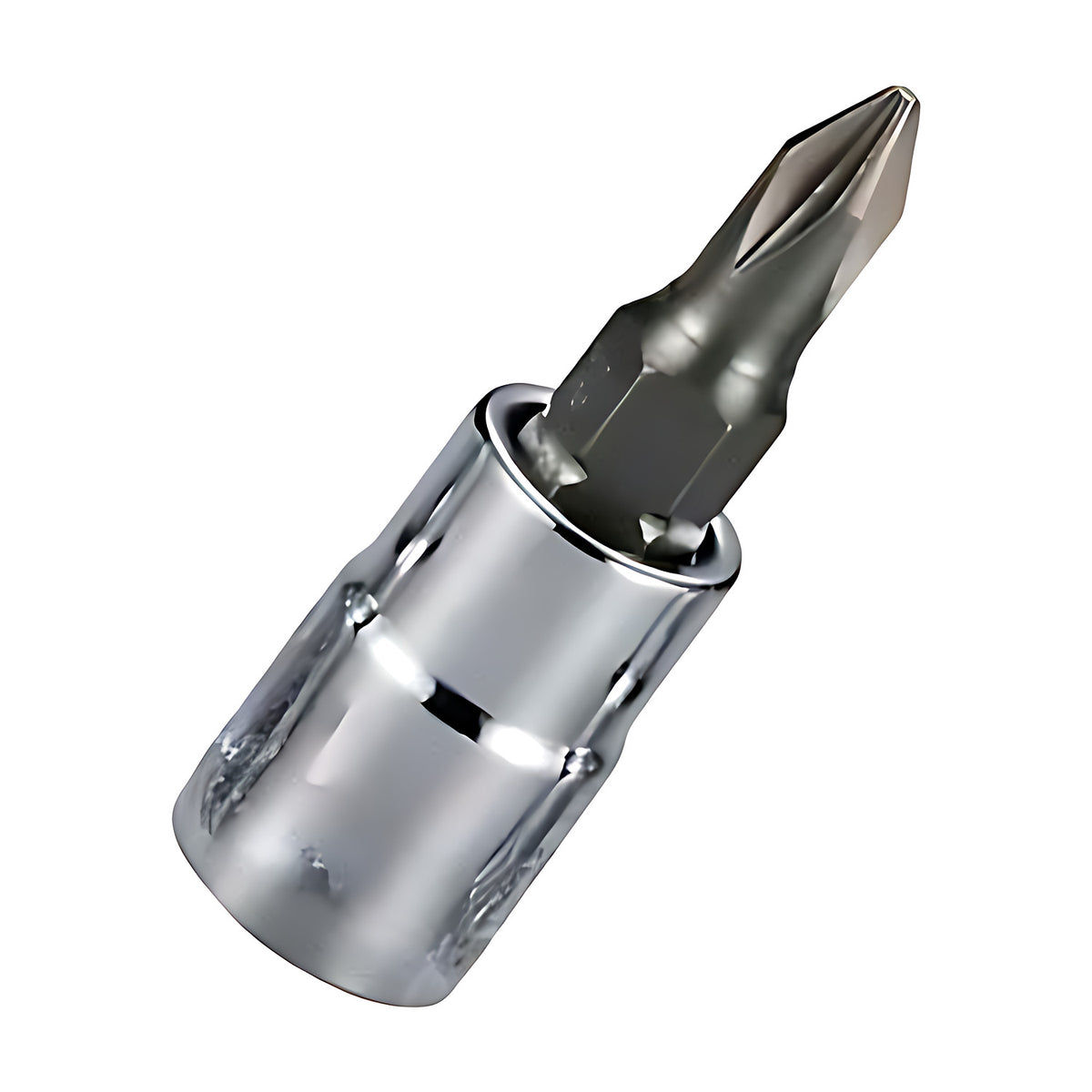 Trax 1/4" drive PH2 socket, chrome socket with Phillips bit, angled view on white background, BS-D2PH2