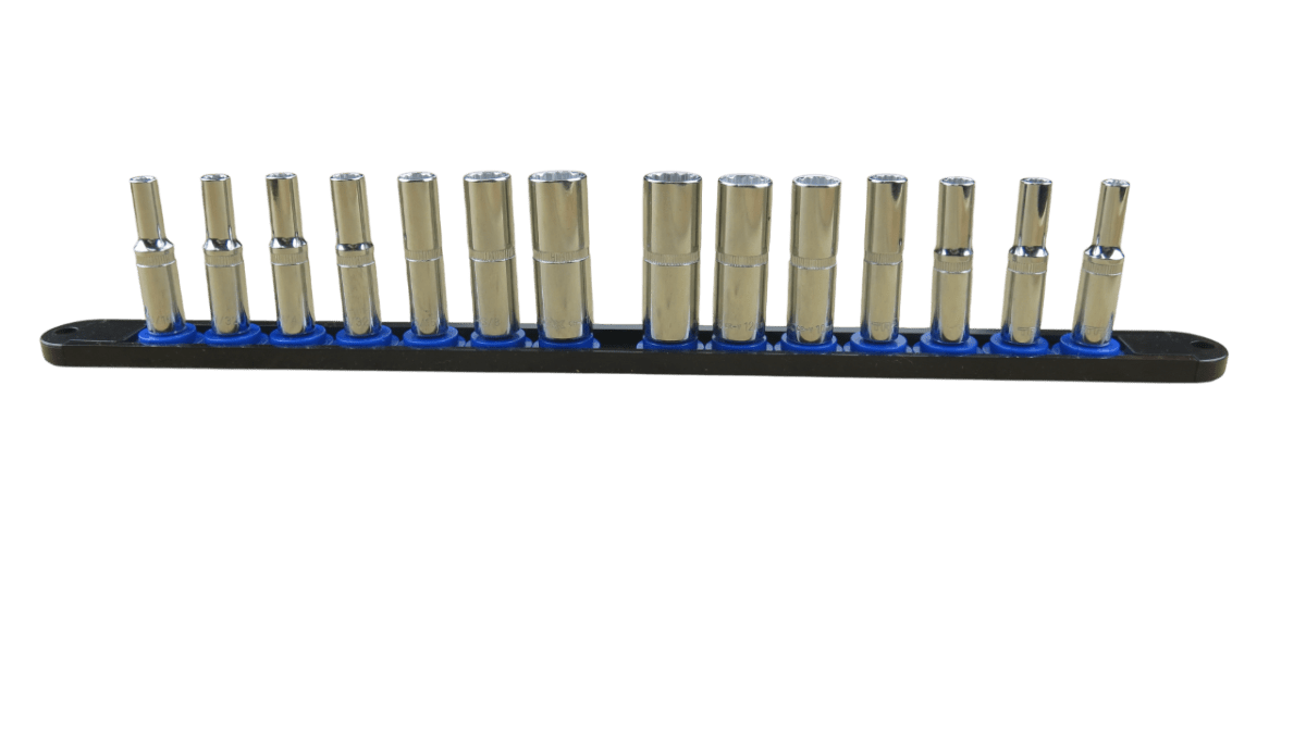 Trax 1/4"Dr Deep 12Pt Cr.V MM/SAE Combo Rail, 14 pieces - ARX-SR1414CL - AIMS Industrial Supplies