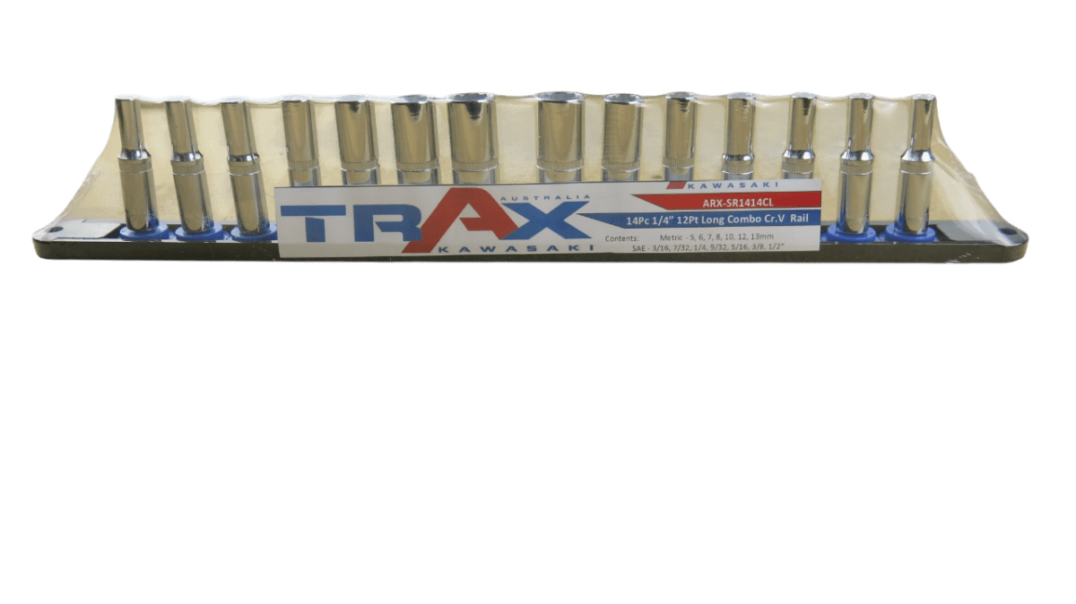 Trax 1/4"Dr Deep 12Pt Cr.V MM/SAE Combo Rail, 14 pieces - ARX-SR1414CL - AIMS Industrial Supplies