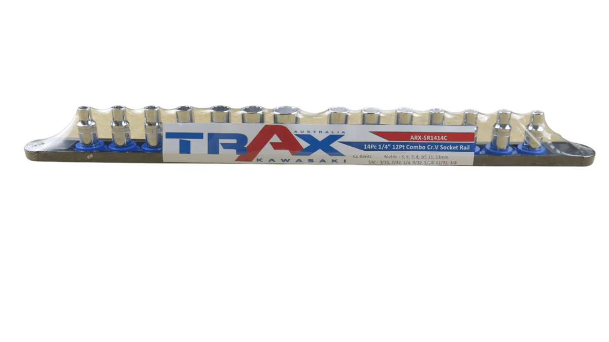 Trax 1/4"Dr Short 12Pt Cr.V MM/SAE Combo Rail, 14 pieces - ARX-SR1414C - AIMS Industrial Supplies