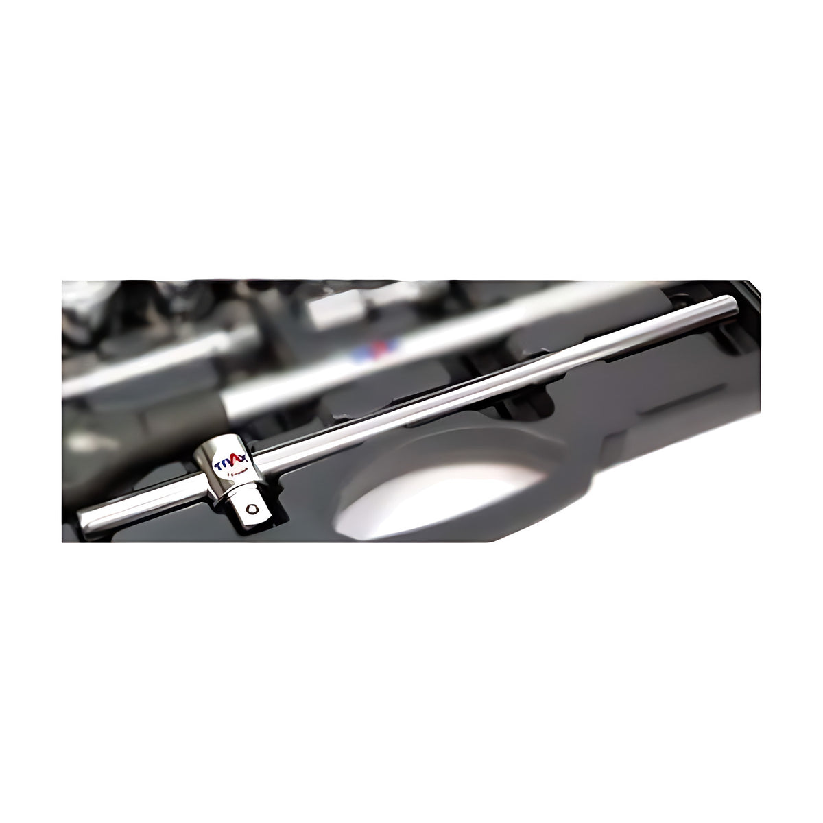 Trax 18" (460mm) 3/4" drive sliding T bar in chrome, shown lying in a black foam case, ARX-HT34STB460