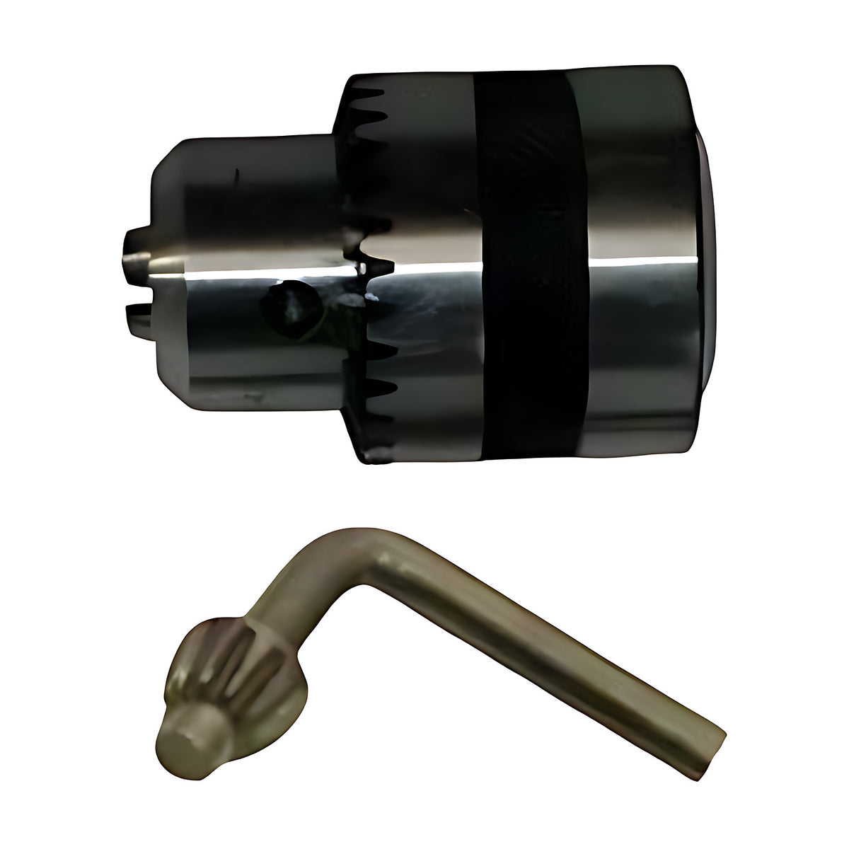 Trax 3/8" chuck key with chuck, T-bend key with geared tip beside the keyed chuck, ARX-DC1-KEY