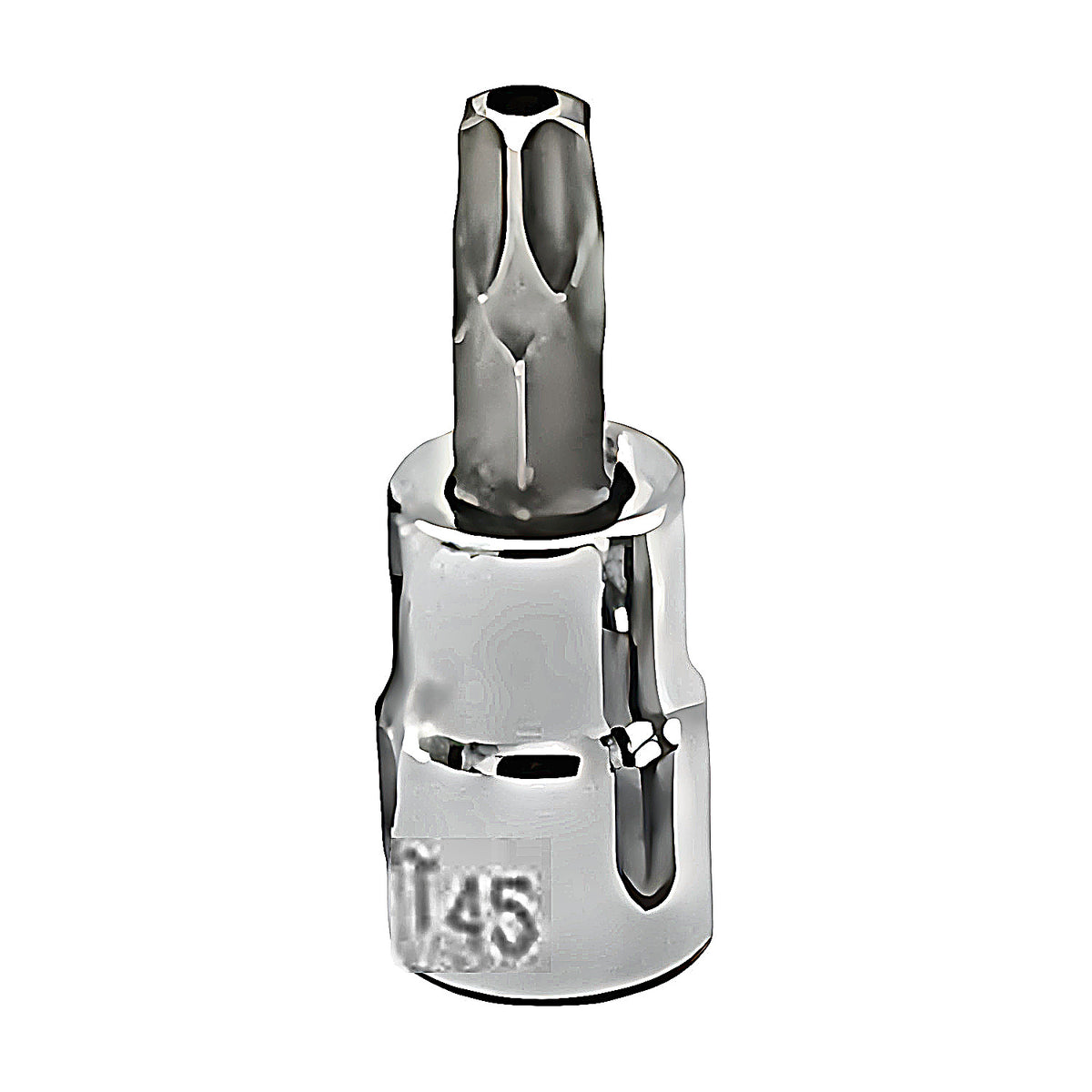 Trax 3/8" drive tamper proof Torx socket bit, chrome socket marked T45, on white background