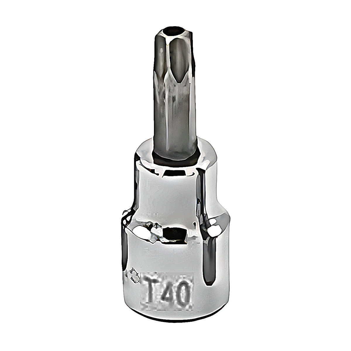 Trax 3/8" drive tamper proof Torx socket bit, chrome socket marked T40, on white background