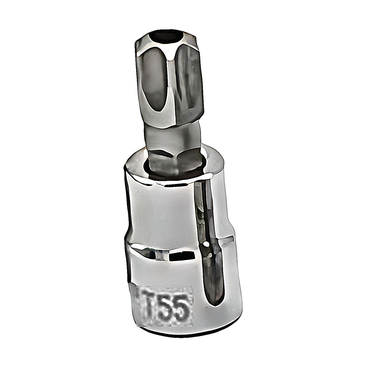 Trax 3/8" drive tamper proof Torx socket bit, chrome socket marked T55, on white background