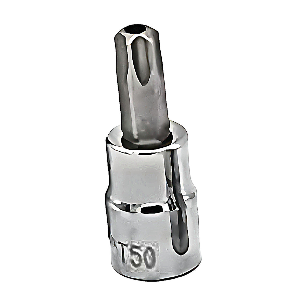 Trax 3/8" drive tamper proof Torx socket bit, chrome socket marked T50, on white background