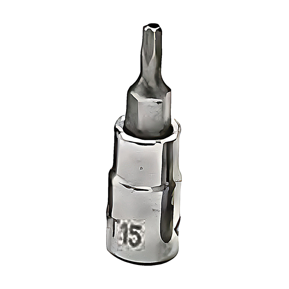 Trax 3/8" drive tamper proof Torx socket bit, chrome socket marked T15, on white background