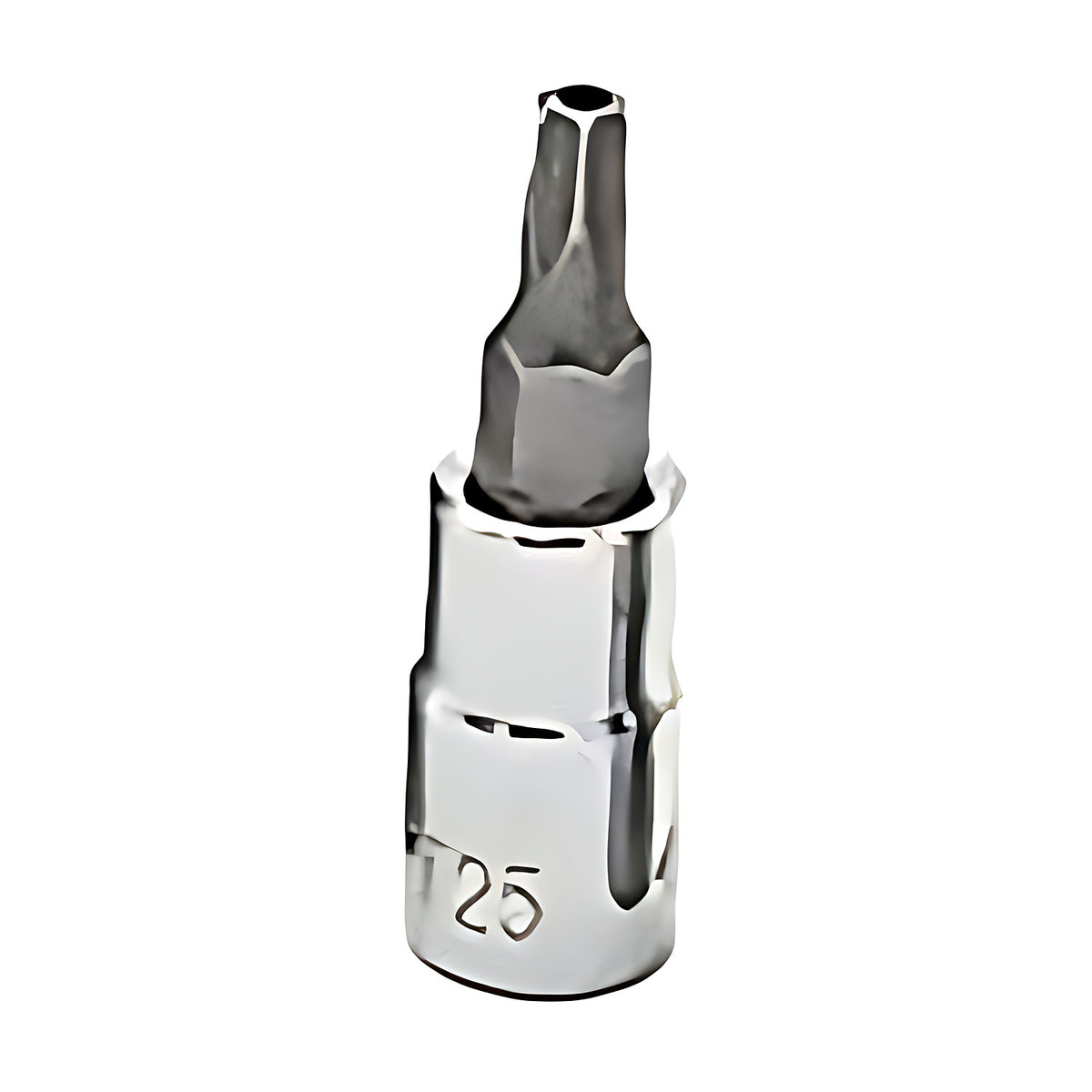 Trax 3/8" drive tamper proof Torx socket bit, chrome socket marked T25, on white background