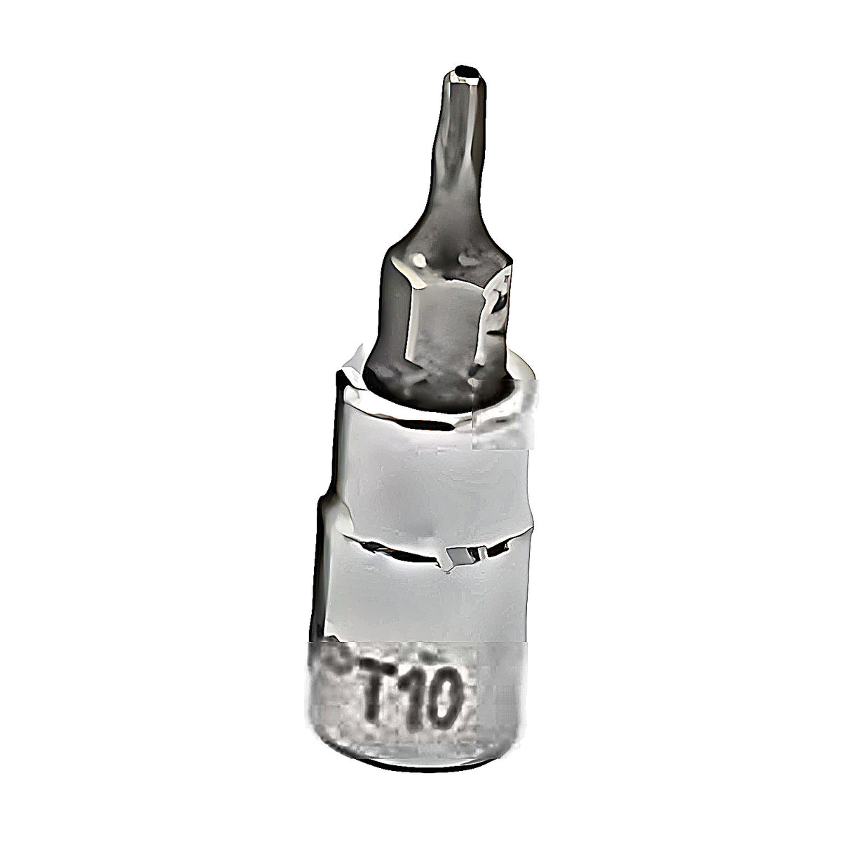 Trax 3/8" drive tamper proof Torx socket bit, chrome socket marked T10, on white background