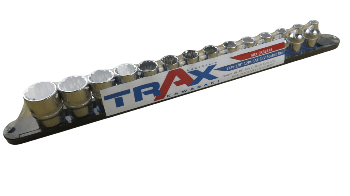 Trax 3/8"Dr 12Pt Cr.V SAE Socket Rail, 14 pieces - ARX-SR3814S - AIMS Industrial Supplies