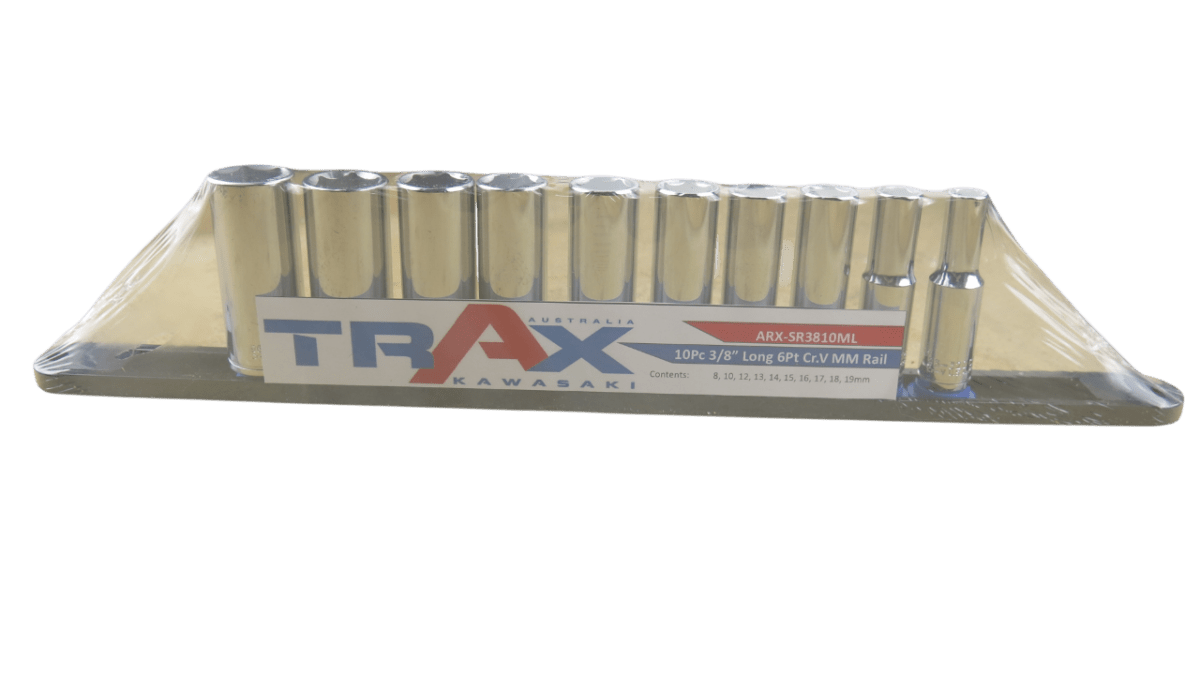 Trax 3/8"Dr 6Pt Deep Cr.V Metric Socket Rail, 10 pieces - ARX-SR3810ML - AIMS Industrial Supplies