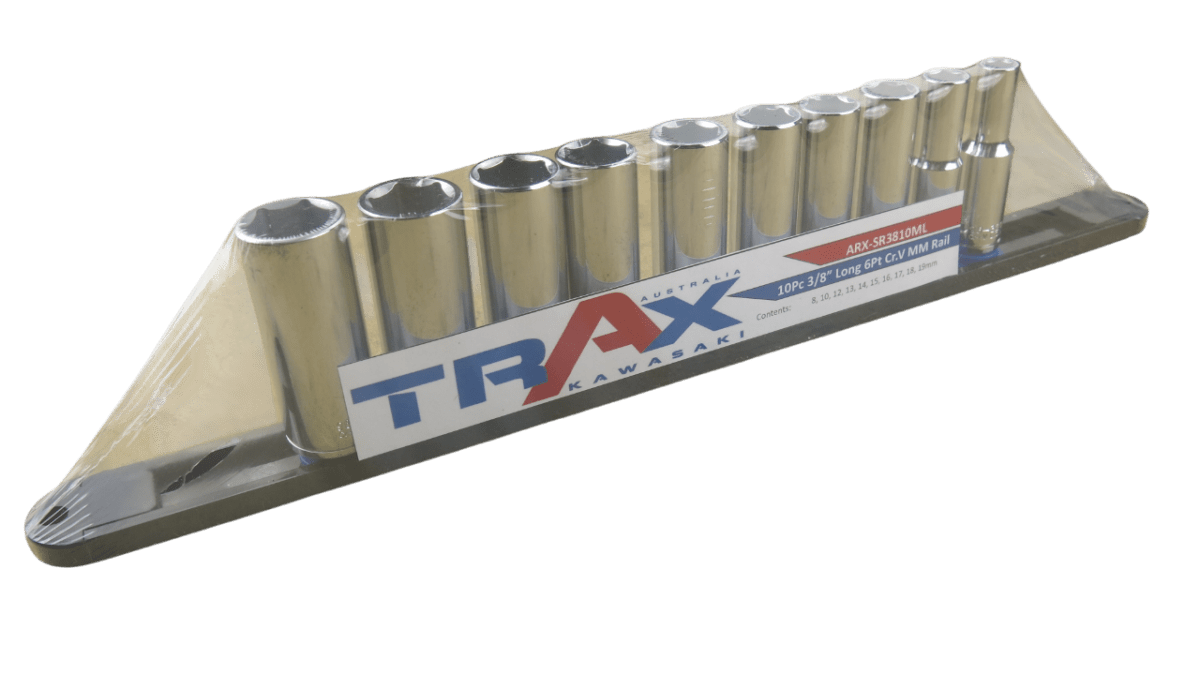 Trax 3/8"Dr 6Pt Deep Cr.V Metric Socket Rail, 10 pieces - ARX-SR3810ML - AIMS Industrial Supplies